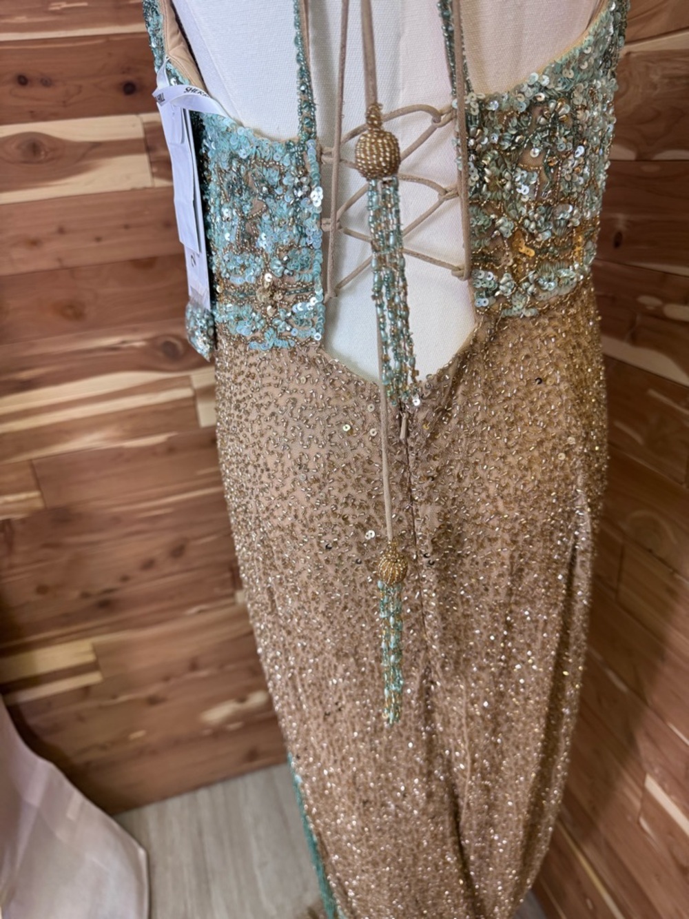 Sherri Hill Aqua Gold Red Carpet Goddess Gown NWT Size 16 - Picture 7 of 17